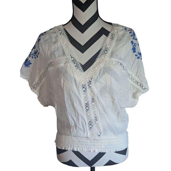 Self Esteem Embroidered Peasant Blouse M White Blue Floral Boho Smocked - Picture 1 of 6